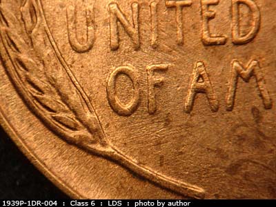 Die-stage C marker on 1939P•1DR•004 (1939 Doubled Die Reverse).