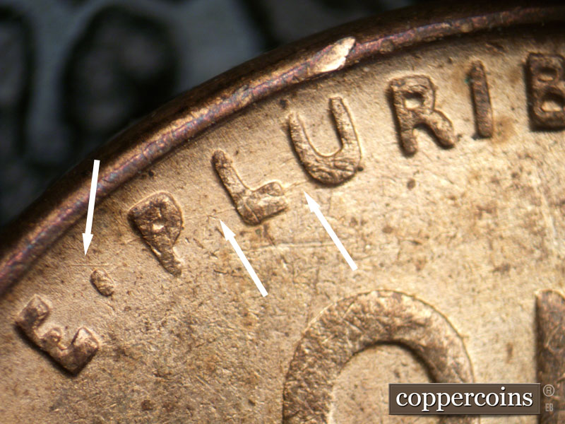 Die-stage B marker on 1939P•1DR•005 (1939 Doubled Die Reverse).