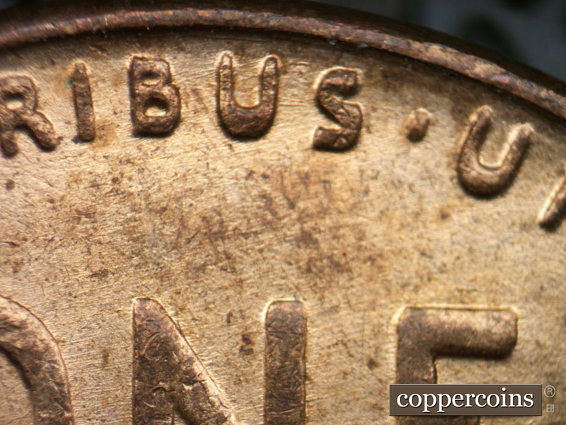 Die-stage B marker on 1939P•1DR•005 (1939 Doubled Die Reverse).