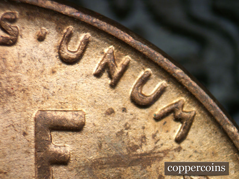 Die-stage B marker on 1939P•1DR•005 (1939 Doubled Die Reverse).