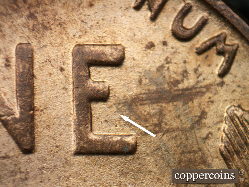 Die-stage B marker on 1939P•1DR•005 (1939 Doubled Die Reverse).