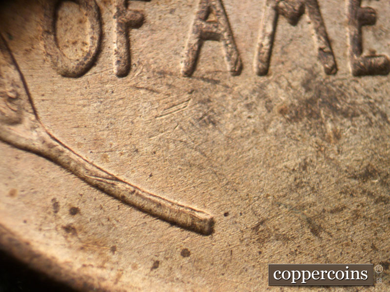 Die-stage B marker on 1939P•1DR•005 (1939 Doubled Die Reverse).