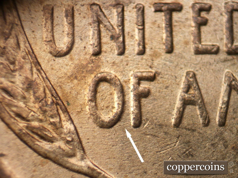 Die-stage B marker on 1939P•1DR•005 (1939 Doubled Die Reverse).
