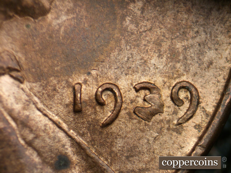Die-stage B marker on 1939P•1DR•005 (1939 Doubled Die Reverse).