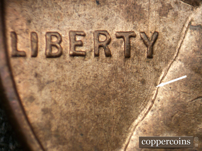 Die-stage B marker on 1939P•1DR•005 (1939 Doubled Die Reverse).