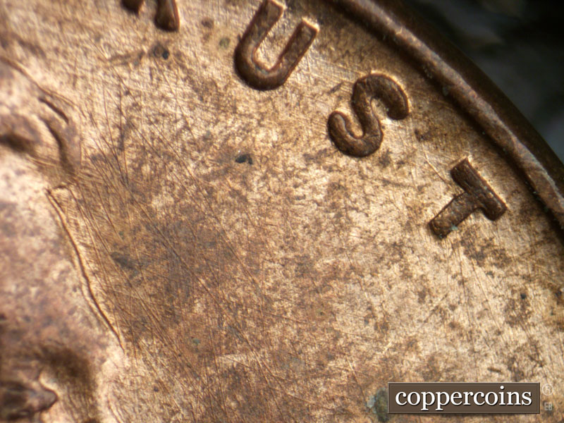 Die-stage B marker on 1939P•1DR•005 (1939 Doubled Die Reverse).