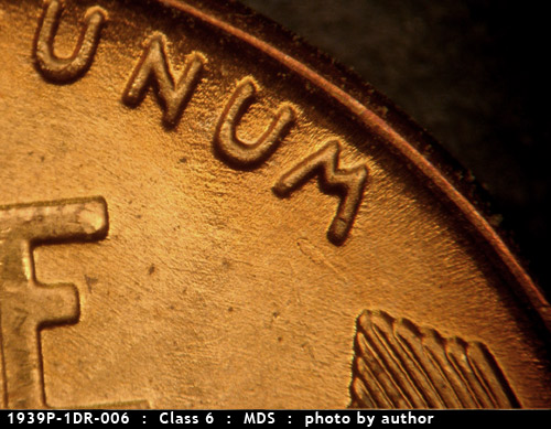 Die-stage B marker on 1939P•1DR•006 (1939 Doubled Die Reverse).
