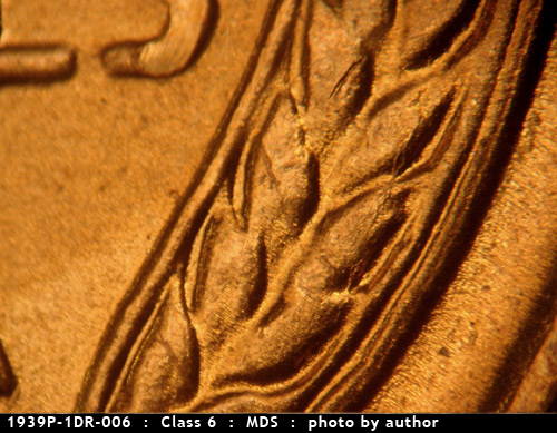 Die-stage B marker on 1939P•1DR•006 (1939 Doubled Die Reverse).