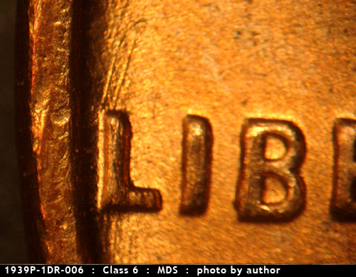 Die-stage B marker on 1939P•1DR•006 (1939 Doubled Die Reverse).