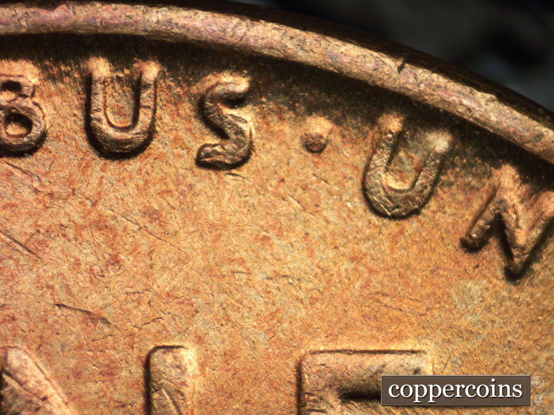 Die-stage B marker on 1939P•1DR•007 (1939 Doubled Die Reverse).