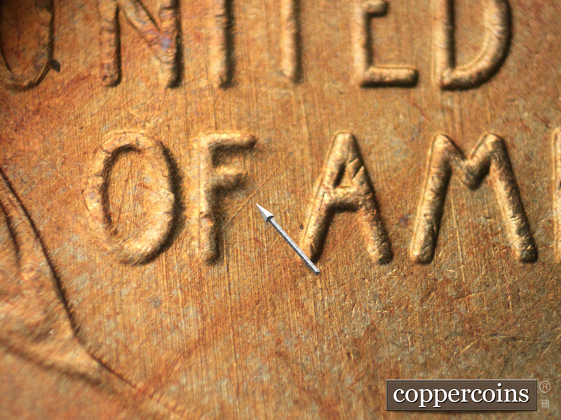 Die-stage B marker on 1939P•1DR•007 (1939 Doubled Die Reverse).