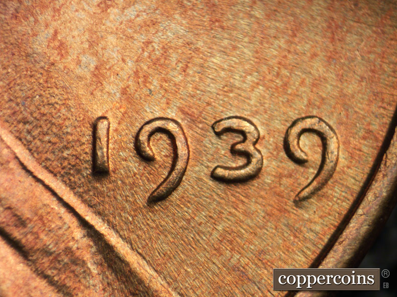 Die-stage B marker on 1939P•1DR•007 (1939 Doubled Die Reverse).