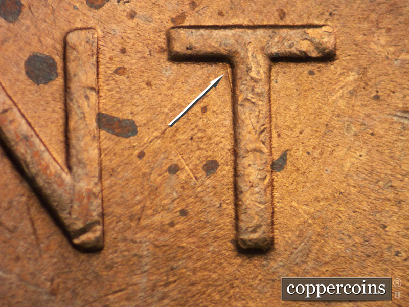Die-stage B marker on 1939P•1DR•008 (1939 Doubled Die Reverse).