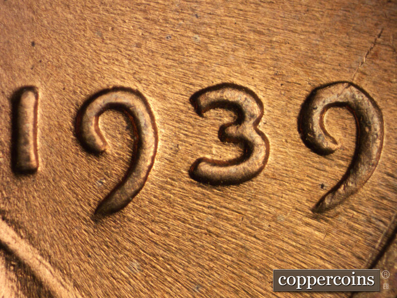 Die-stage B marker on 1939P•1DR•008 (1939 Doubled Die Reverse).
