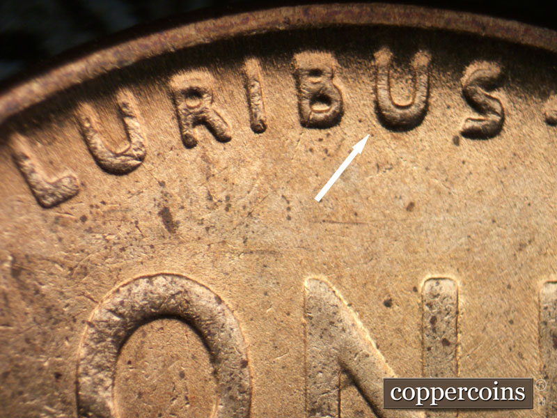 Die-stage B marker on 1939P•1DR•009 (1939 Doubled Die Reverse).