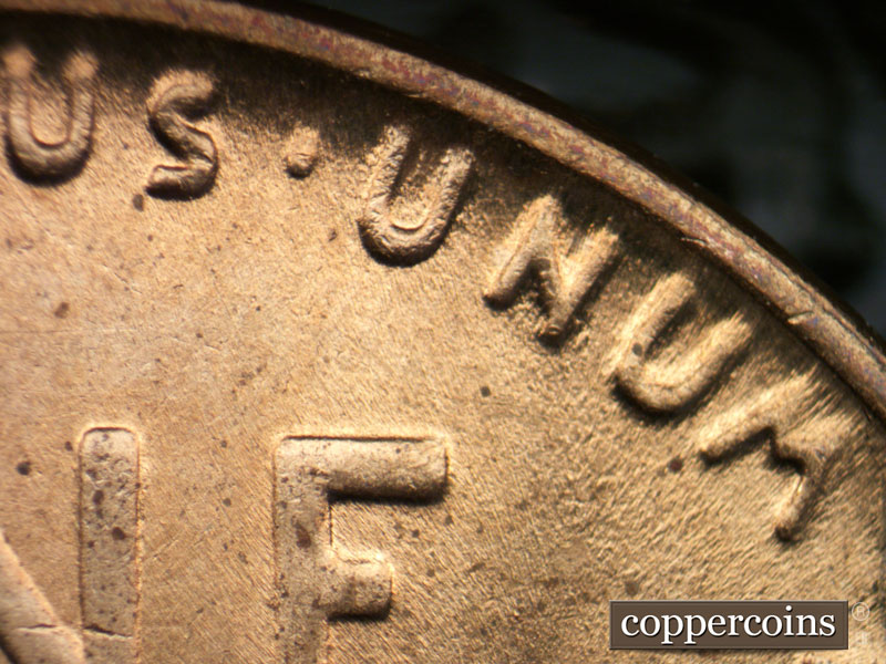 Die-stage B marker on 1939P•1DR•009 (1939 Doubled Die Reverse).