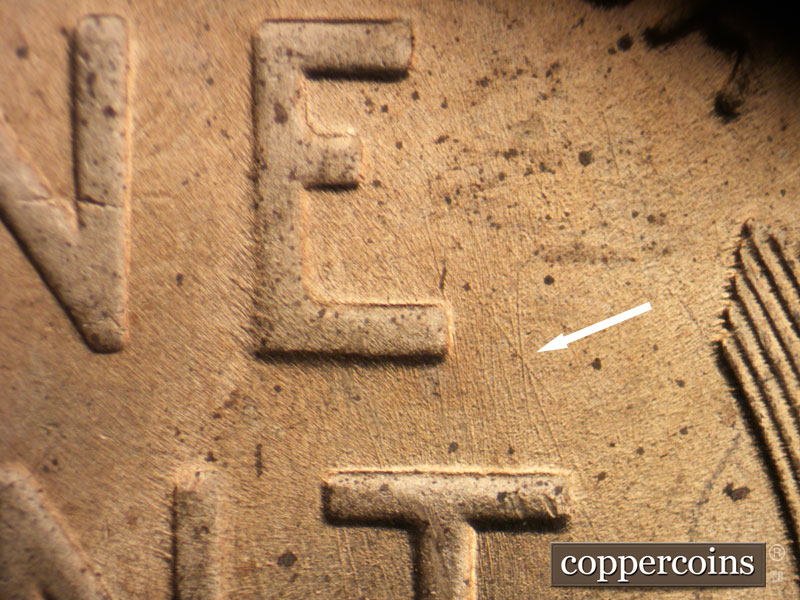 Die-stage B marker on 1939P•1DR•009 (1939 Doubled Die Reverse).