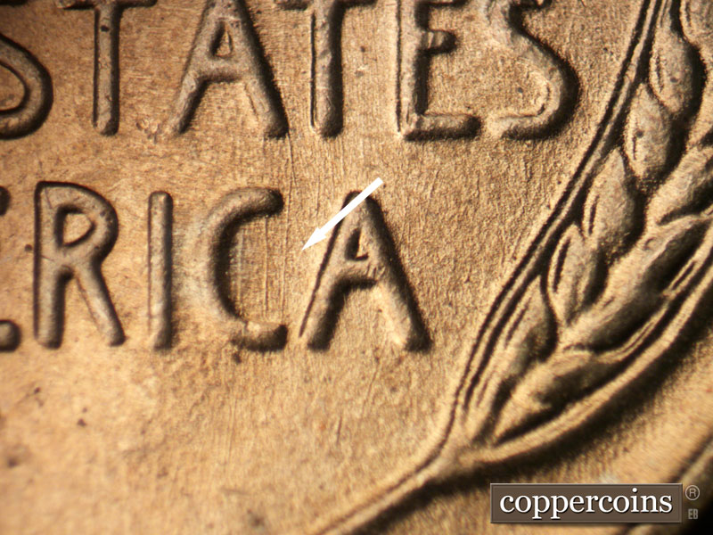 Die-stage B marker on 1939P•1DR•009 (1939 Doubled Die Reverse).