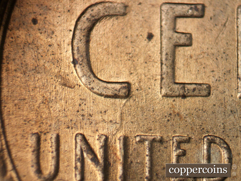 Die-stage B marker on 1939P•1DR•009 (1939 Doubled Die Reverse).
