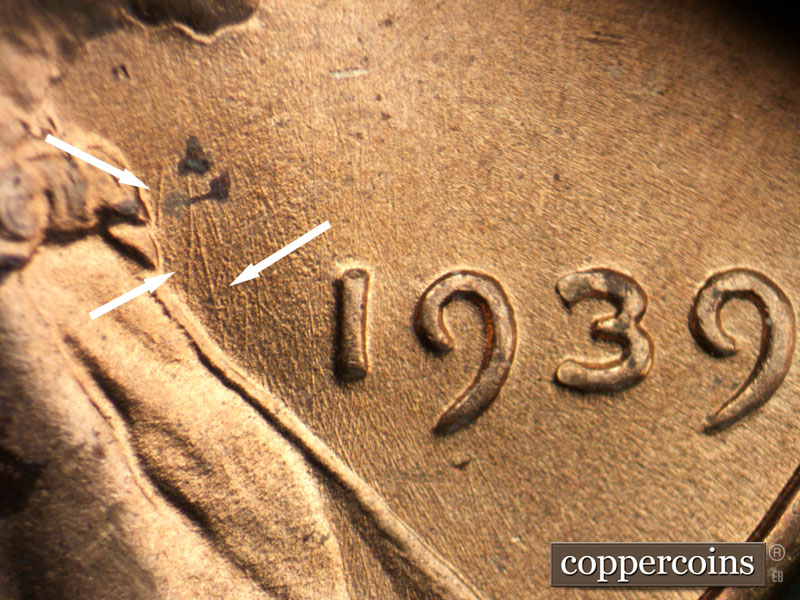 Die-stage B marker on 1939P•1DR•009 (1939 Doubled Die Reverse).
