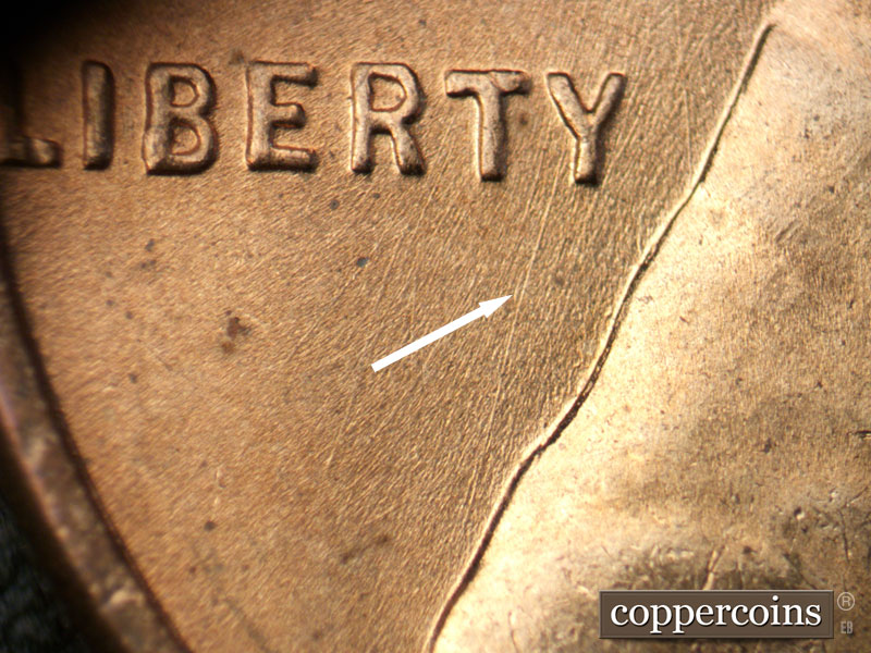 Die-stage B marker on 1939P•1DR•009 (1939 Doubled Die Reverse).