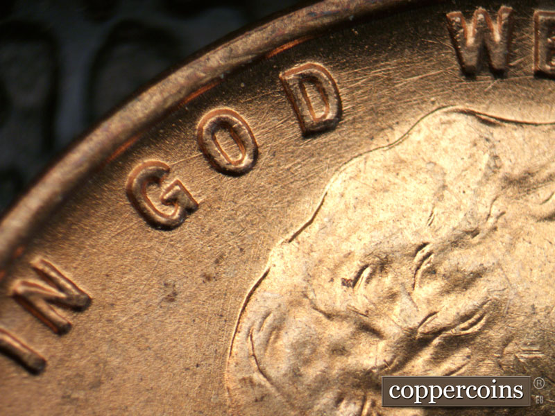 Die-stage B marker on 1939P•1DR•009 (1939 Doubled Die Reverse).