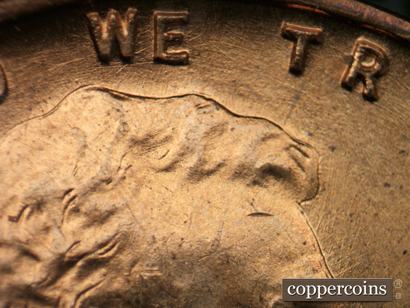 Die-stage B marker on 1939P•1DR•009 (1939 Doubled Die Reverse).