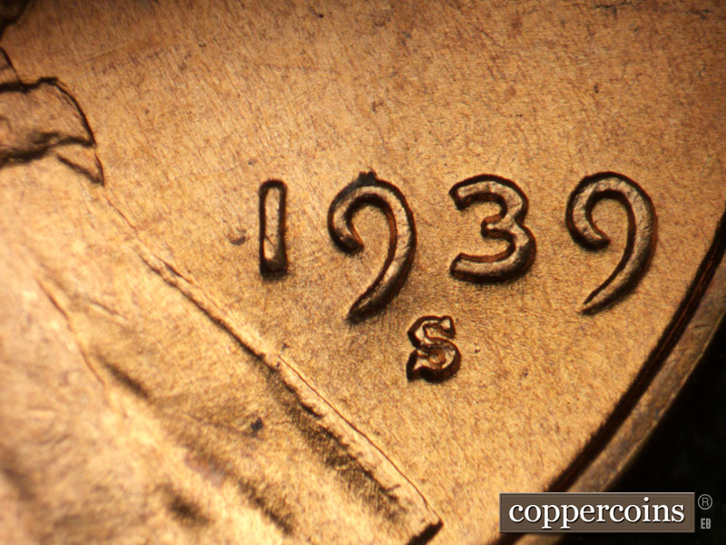 Die-stage B marker on 1939S•1DO•001 (1939 Doubled Die Obverse).