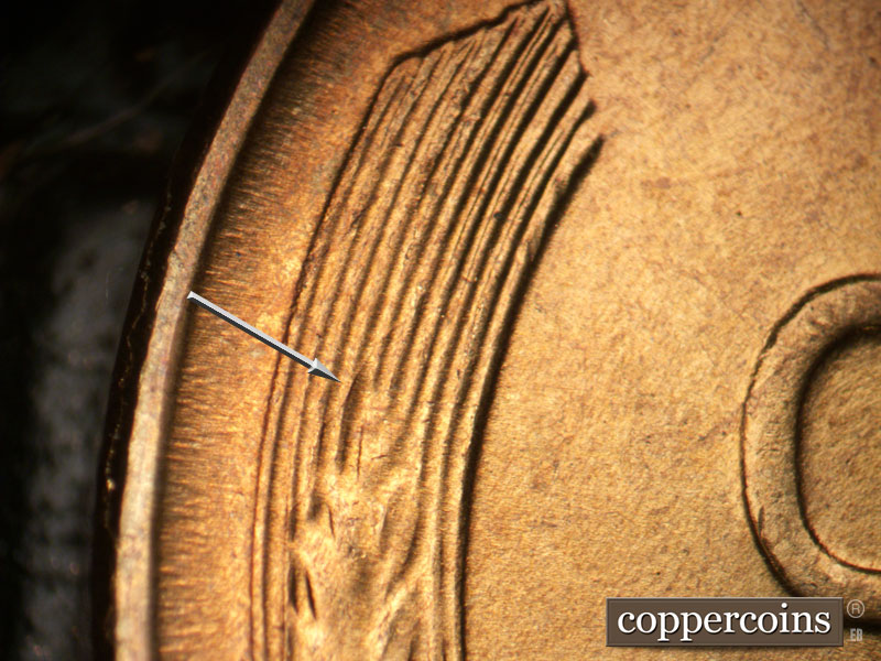 Die-stage B marker on 1939S•1DO•001 (1939 Doubled Die Obverse).