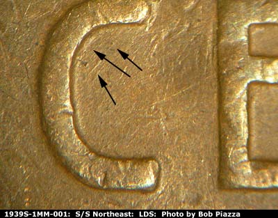 Die-stage C marker on 1939S•1MM•001 (1939 Repunched Mint Mark).