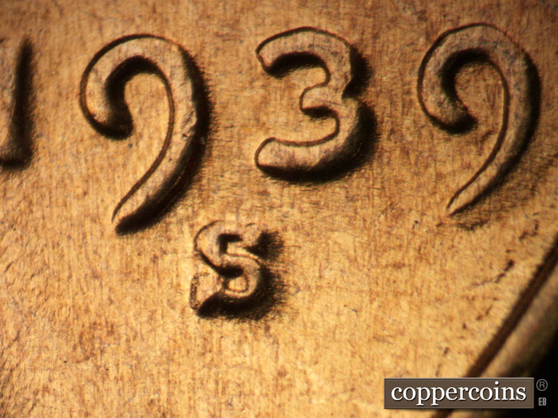 Die-stage C marker on 1939S•1MM•005 (1939 Repunched Mint Mark).