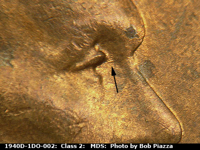 Die-stage B marker on 1940D•1DO•002 (1940 Doubled Die Obverse).