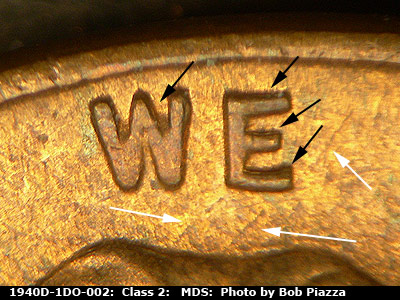 Die-stage B marker on 1940D•1DO•002 (1940 Doubled Die Obverse).