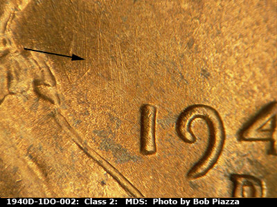 Die-stage B marker on 1940D•1DO•002 (1940 Doubled Die Obverse).
