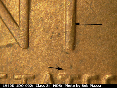 Die-stage B marker on 1940D•1DO•002 (1940 Doubled Die Obverse).