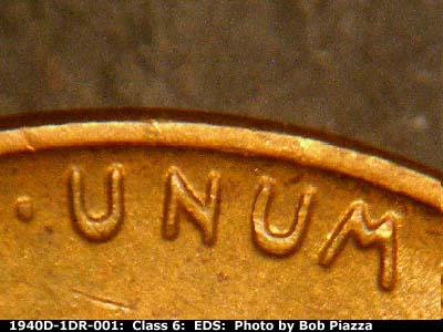 Die-stage A marker on 1940D•1DR•001 (1940 Doubled Die Reverse).