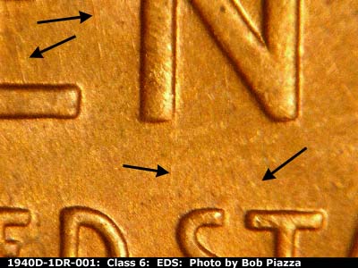 Die-stage A marker on 1940D•1DR•001 (1940 Doubled Die Reverse).