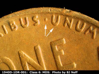 Die-stage B marker on 1940D•1DR•001 (1940 Doubled Die Reverse).