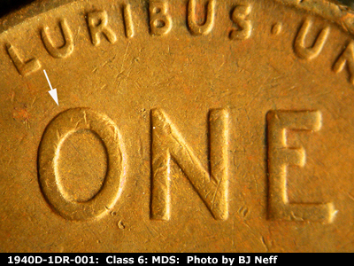 Die-stage B marker on 1940D•1DR•001 (1940 Doubled Die Reverse).