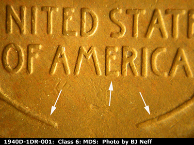 Die-stage B marker on 1940D•1DR•001 (1940 Doubled Die Reverse).