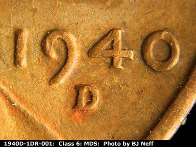 Die-stage B marker on 1940D•1DR•001 (1940 Doubled Die Reverse).