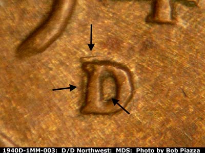 Die-stage B marker on 1940D•1MM•003 (1940 Repunched Mint Mark).