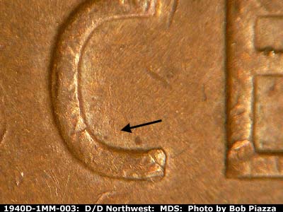 Die-stage B marker on 1940D•1MM•003 (1940 Repunched Mint Mark).