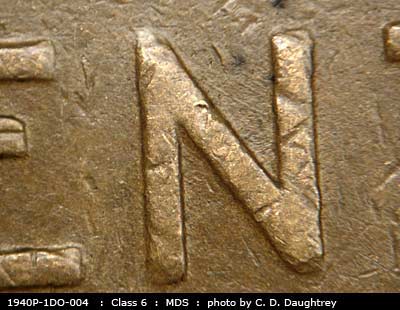 Die-stage B marker on 1940P•1DO•004 (1940 Doubled Die Obverse).