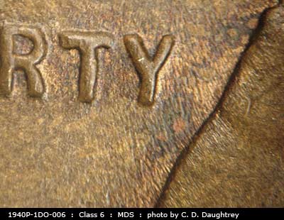 Die-stage B marker on 1940P•1DO•006 (1940 Doubled Die Obverse).