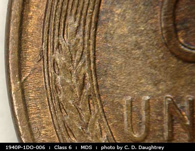 Die-stage B marker on 1940P•1DO•006 (1940 Doubled Die Obverse).