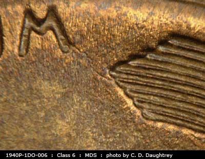Die-stage B marker on 1940P•1DO•006 (1940 Doubled Die Obverse).