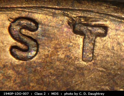 Die-stage B marker on 1940P•1DO•007 (1940 Doubled Die Obverse).