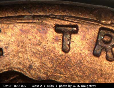 Die-stage B marker on 1940P•1DO•007 (1940 Doubled Die Obverse).