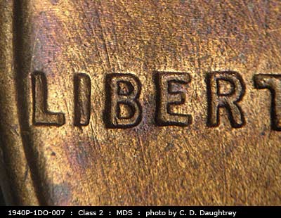 Die-stage B marker on 1940P•1DO•007 (1940 Doubled Die Obverse).